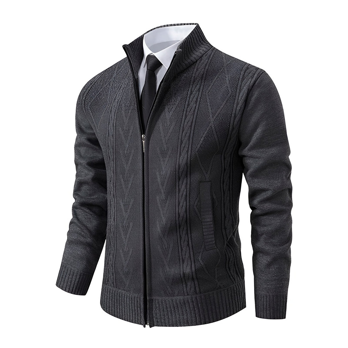 Men's charcoal cable knit zip cardigan from an angle