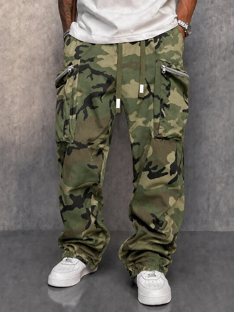 Men's camo cargo trousers with zip pockets and a drawcord waist - army green
