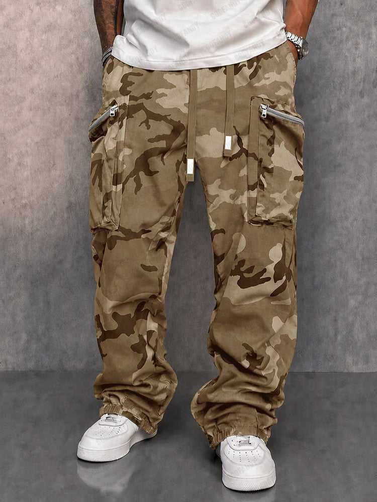 Men's camo cargo trousers with zip pockets and a drawcord waist - sand
