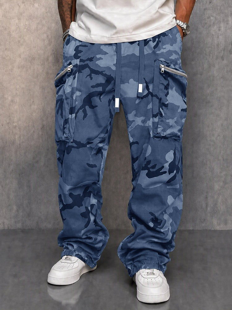 Men's camo cargo trousers with zip pockets and a drawcord waist - blue