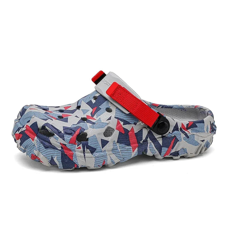 EVA clogs with a camo print, vent holes and adjustable heel strap - camo red