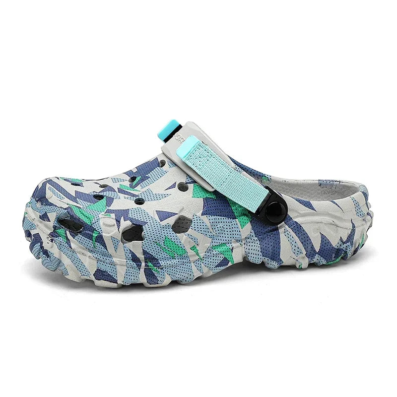 EVA clogs with a camo print, vent holes and adjustable heel strap - camo blue