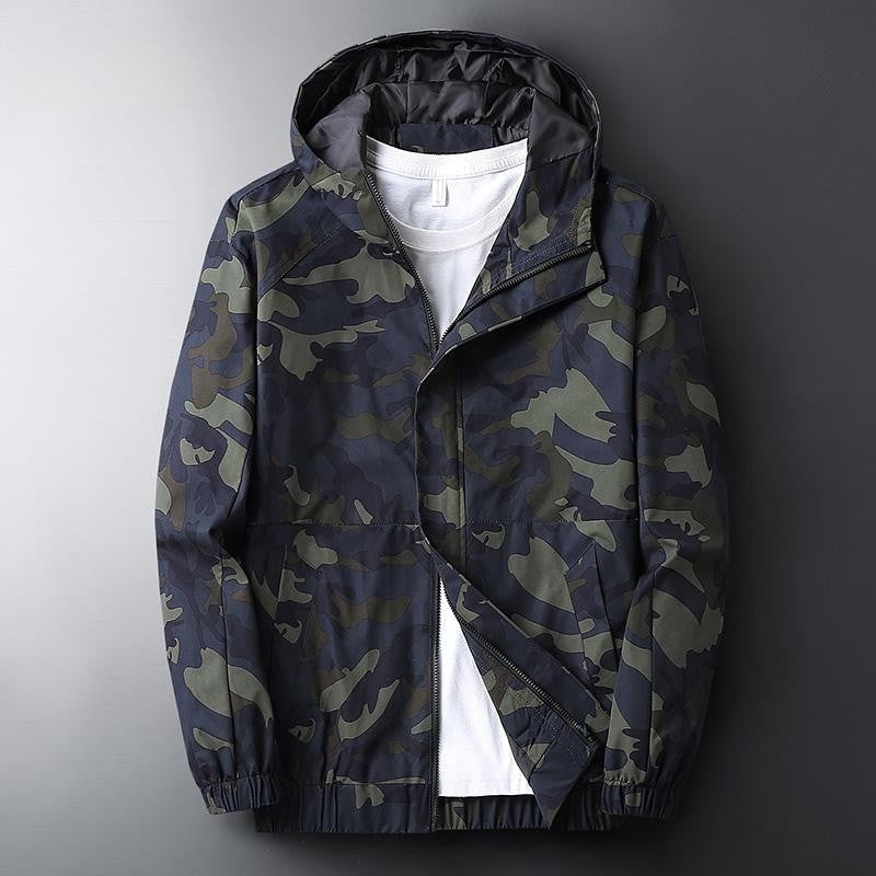 Men's camouflage hooded jacket with a zip and elastic cuffs and hem - dark blue