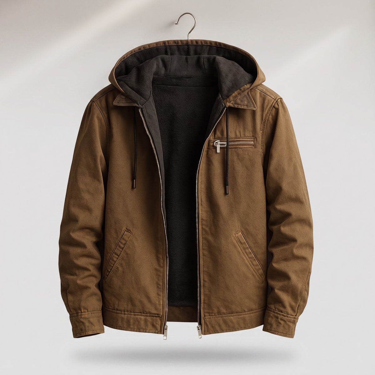 Men's canvas jacket with a hood and sherpa lining - brown