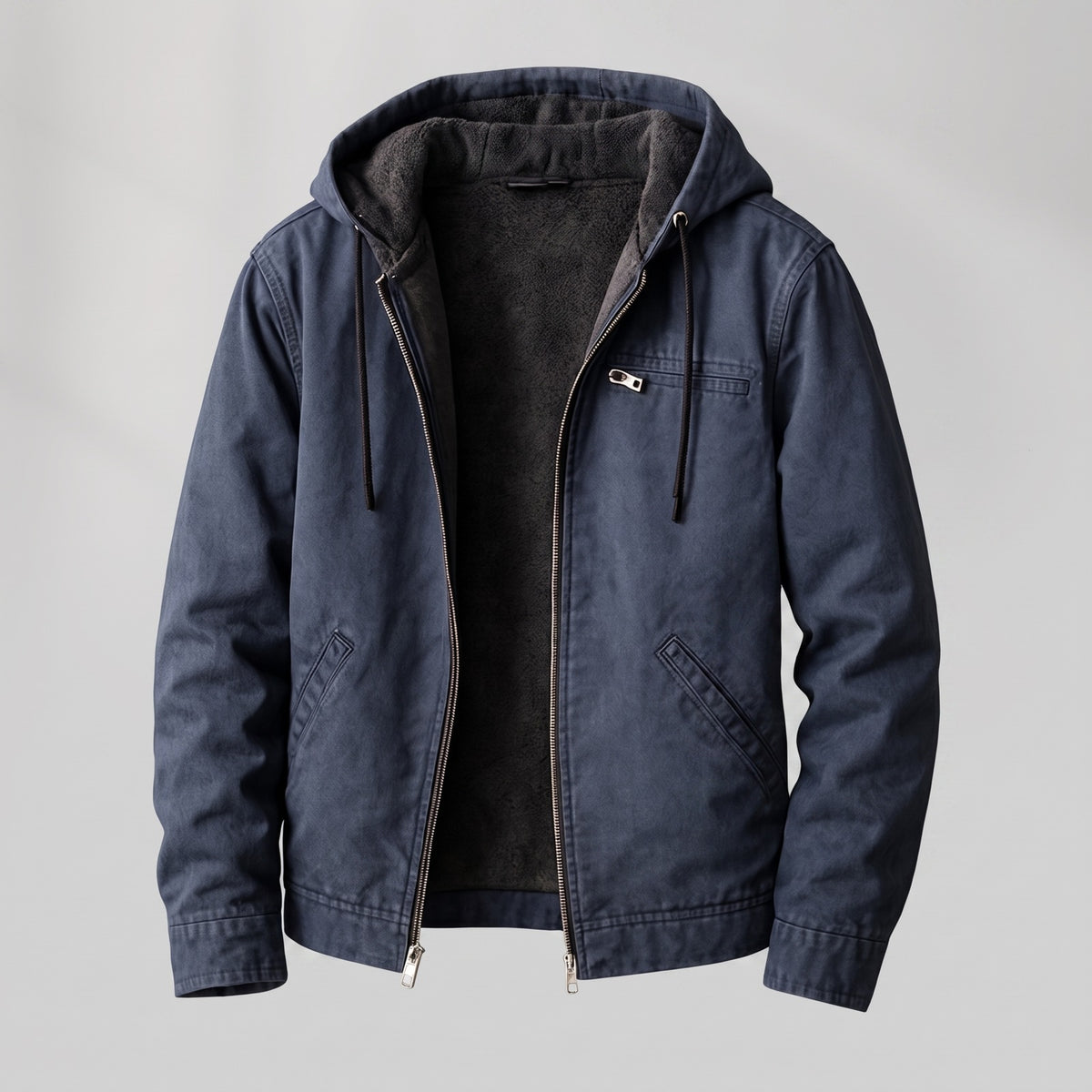 Men's canvas jacket with a hood and sherpa lining - blue