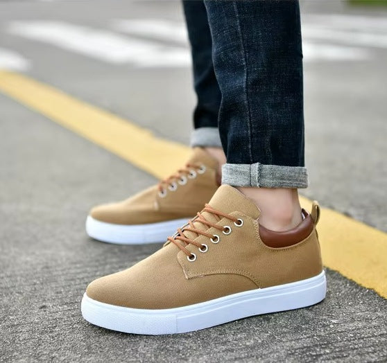 Men's canvas trainers with a white rubber sole, tan laces and a faux leather heel piece - view 6