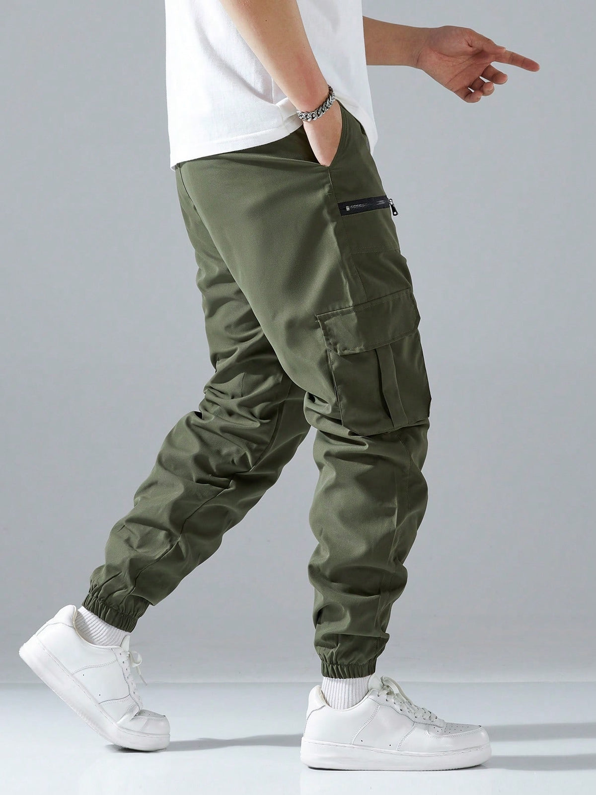 Cargo joggers for men with a drawcord waist, zip pockets, thigh flap pockets and cuffed ankles - view 8