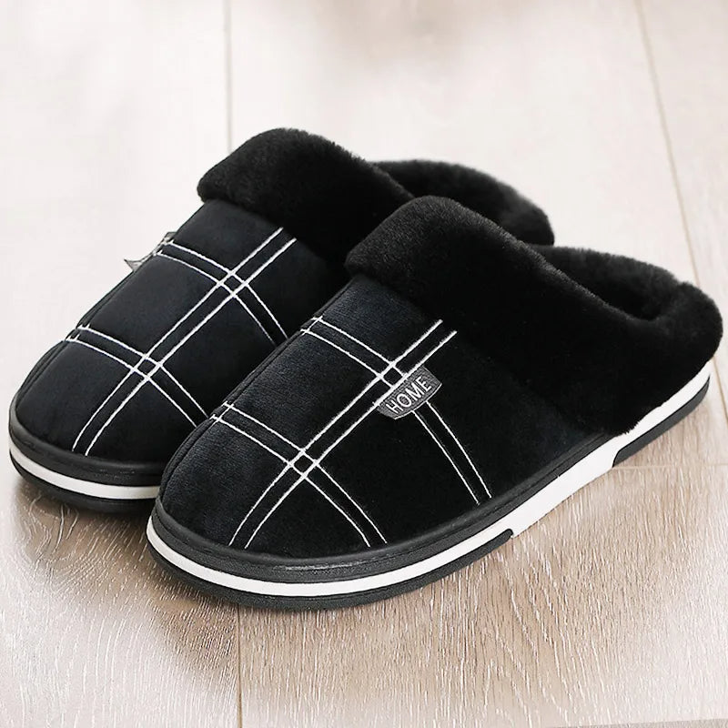 Men's slippers with check stitching, a plush collar and open back - black