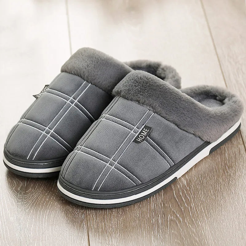 Men's slippers with check stitching, a plush collar and open back - grey