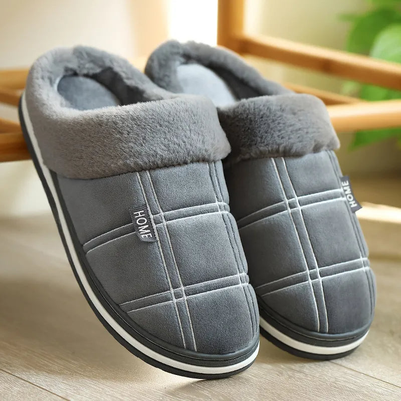Men's slippers with check stitching, a plush collar and open back - view 5