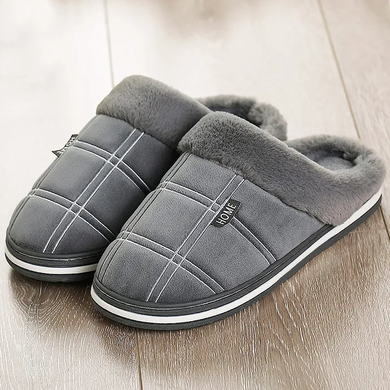 Men's slippers with check stitching, a plush collar and open back - view 9