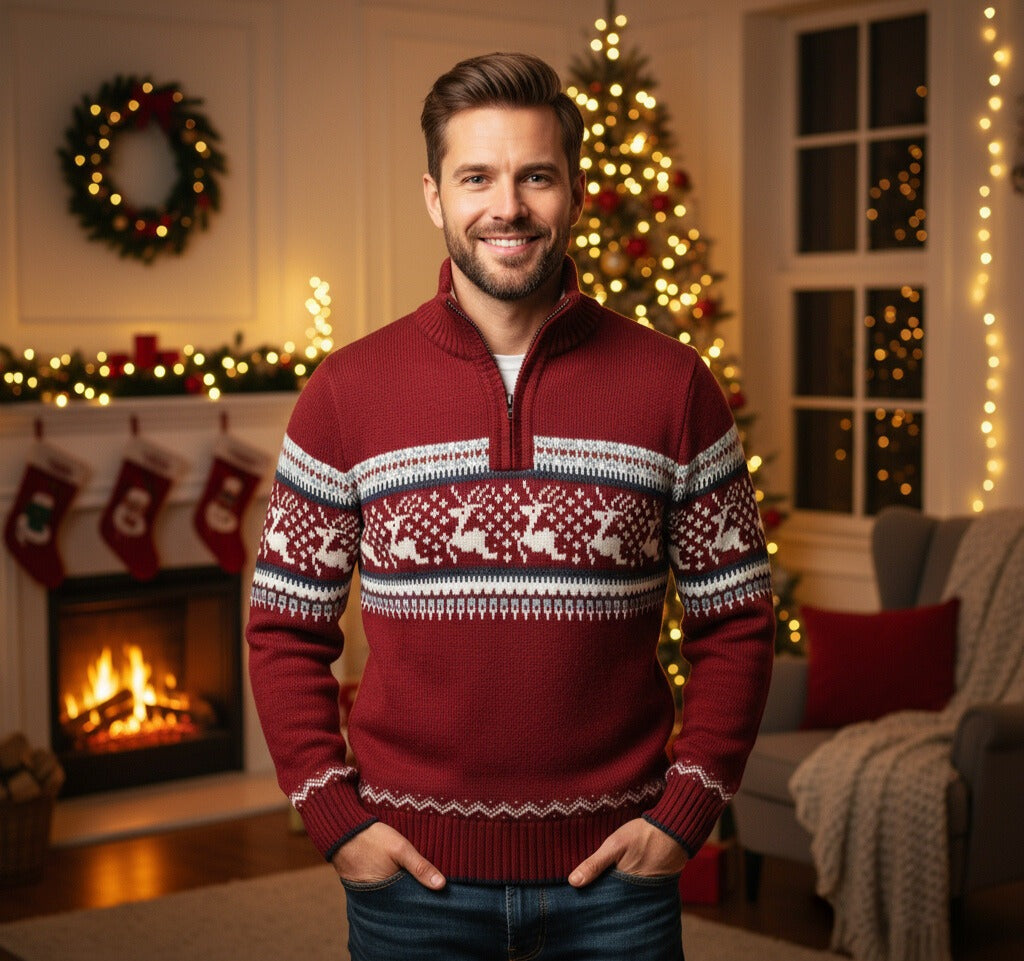 Men's knitted Christmas jumper with reindeer pattern and half zip