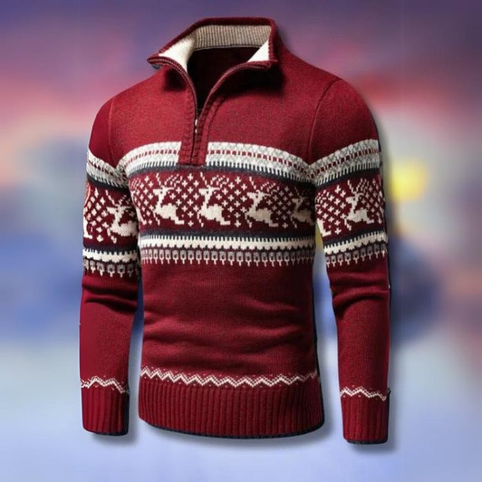 Men's knitted Christmas jumper with reindeer pattern and half zip - red