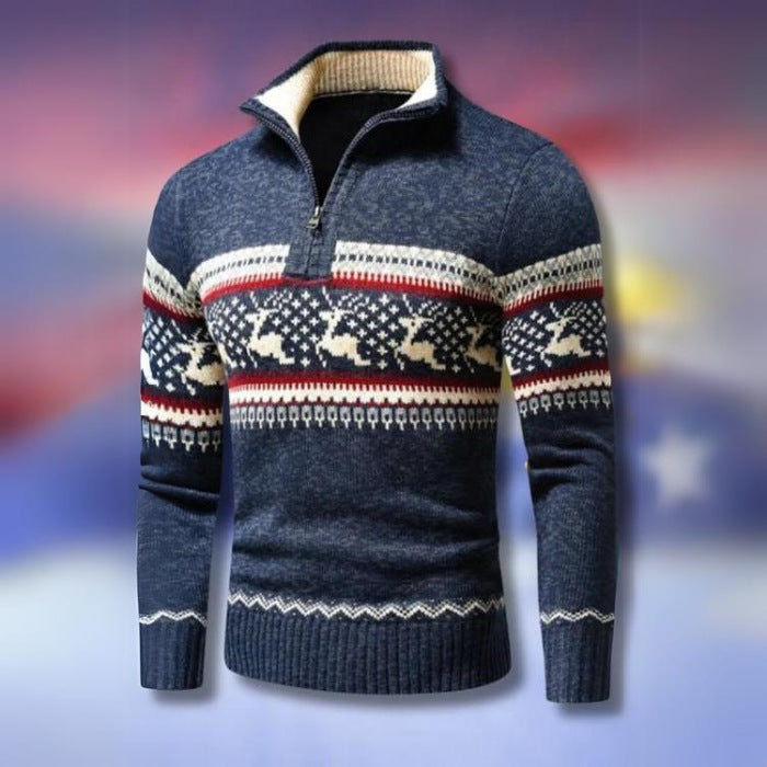Men's knitted Christmas jumper with reindeer pattern and half zip - navy
