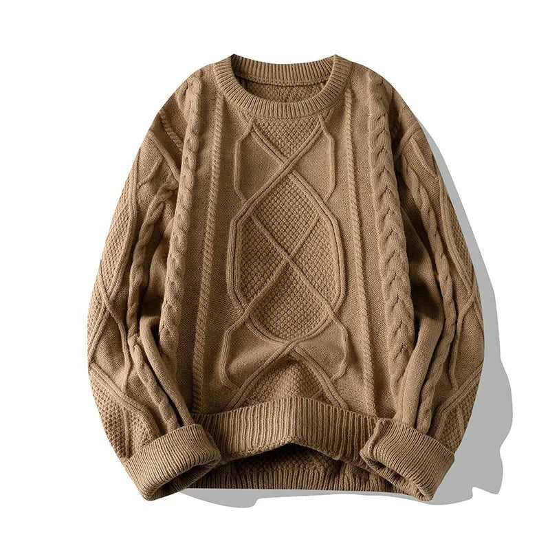 Men's chunky cable knit jumper with a crew neck and a diamond motif at the centre - light brown