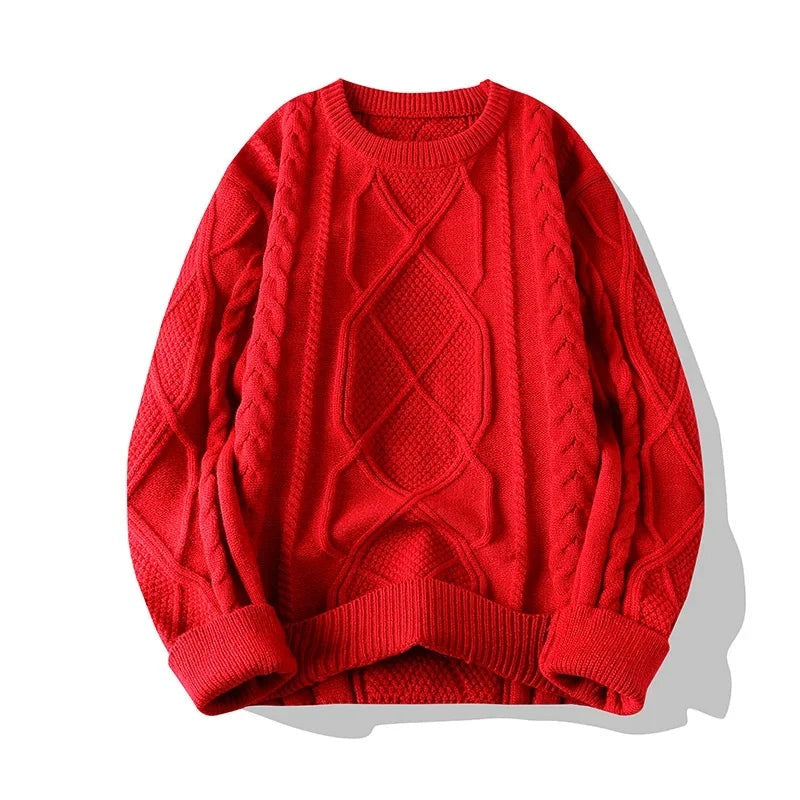 Men's chunky cable knit jumper with a crew neck and a diamond motif at the centre - red