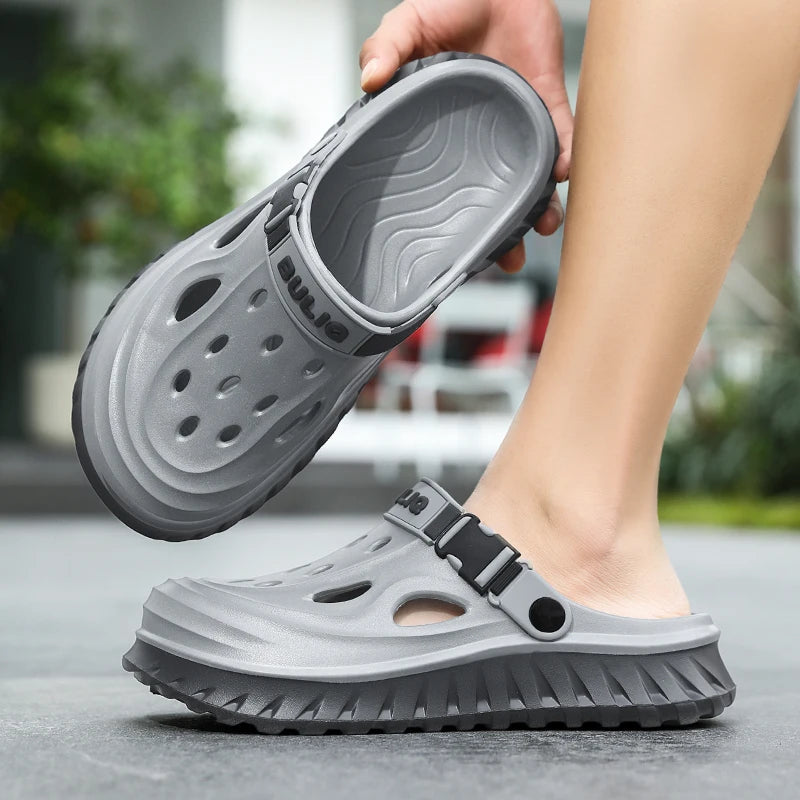 EVA clogs with a high sole, closed toe, vent holes and buckle heel strap - view 3