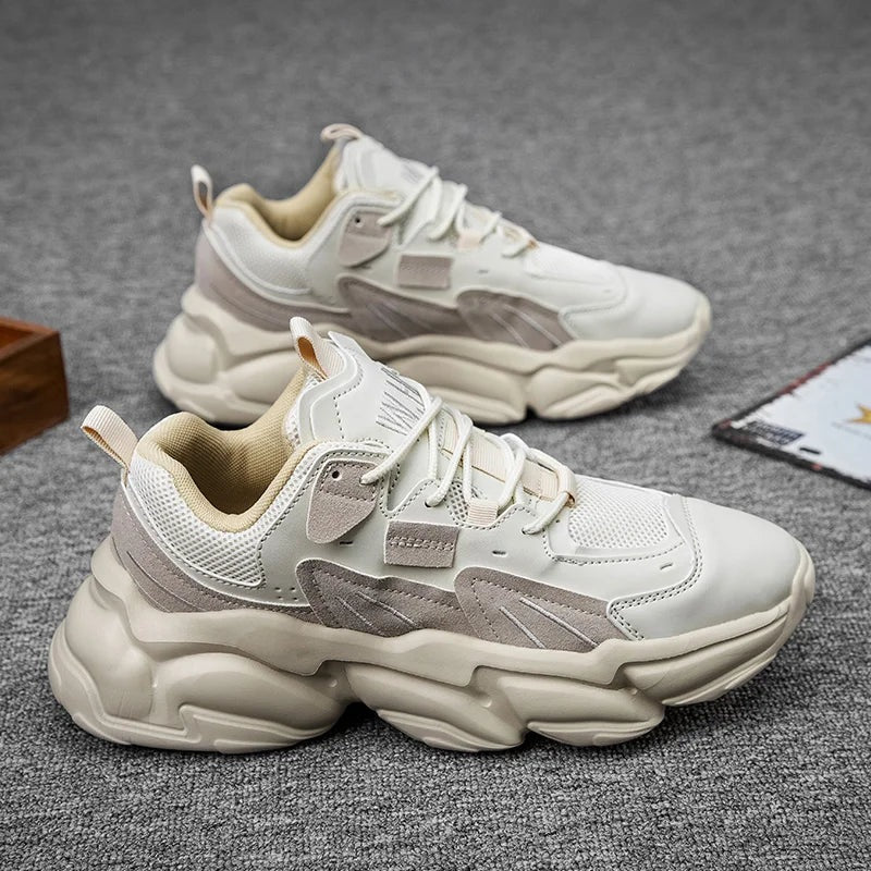 Men's chunky trainers with mesh, faux leather and suede-look panels and a thick layered sole - cream