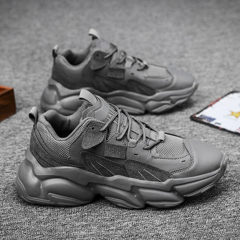 Men's chunky trainers with mesh, faux leather and suede-look panels and a thick layered sole - grey