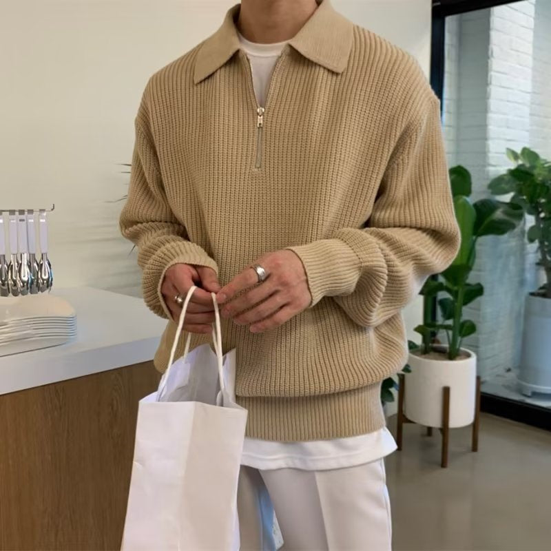 Men's chunky rib knit jumper with a polo collar and short zip - camel