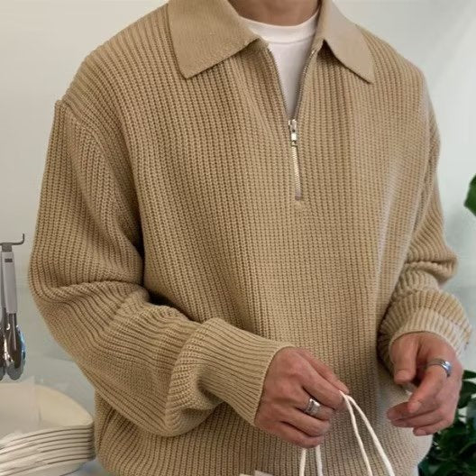 Men's chunky rib knit jumper with a polo collar and short zip - view 3