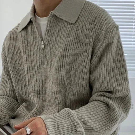 Men's chunky rib knit jumper with a polo collar and short zip - grey green