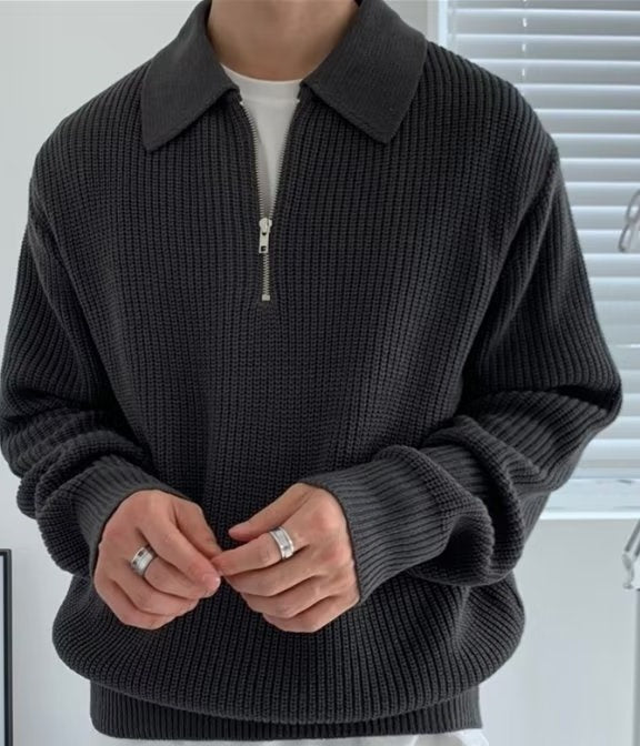 Men's chunky rib knit jumper with a polo collar and short zip - charcoal
