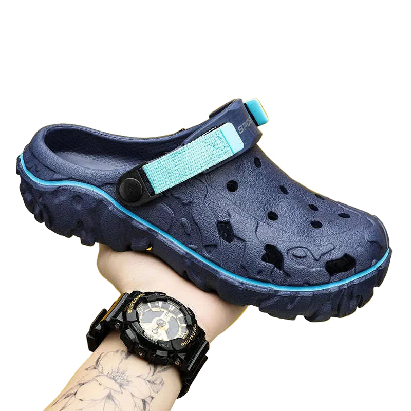 Men's EVA clogs with vent holes, side cut-outs, chunky lug sole and pivoting heel strap - navy