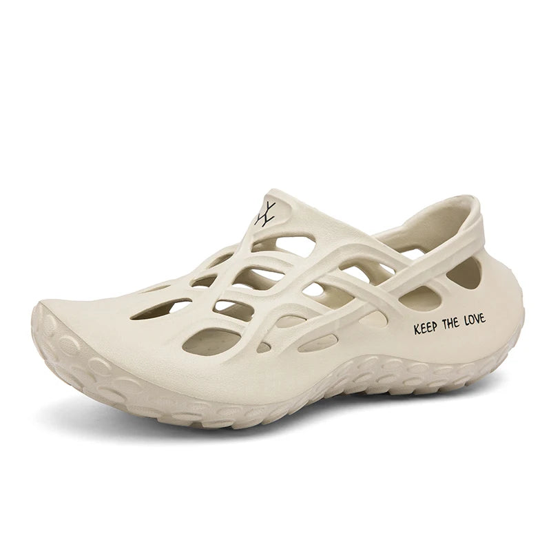 Men's EVA clogs with lattice cut-outs across the instep, closed heel and thick knobbly sole - beige