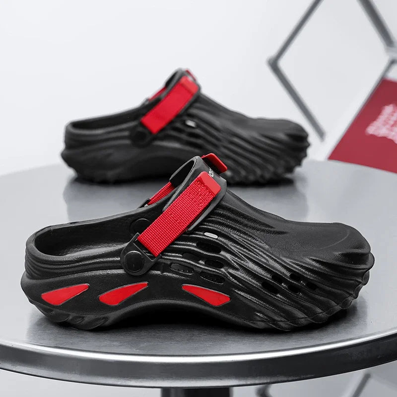 Men's EVA clogs with closed toe, side vents, thick sole and hook-and-loop heel strap - black