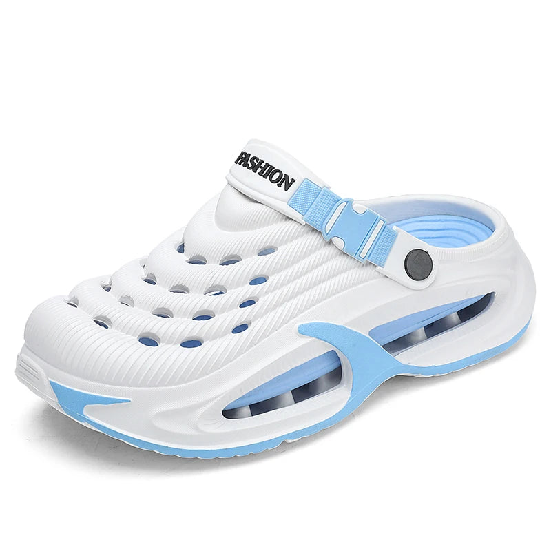 Men's EVA clogs with a closed toe, vent holes on top, buckled heel strap and thick sole - white/light blue
