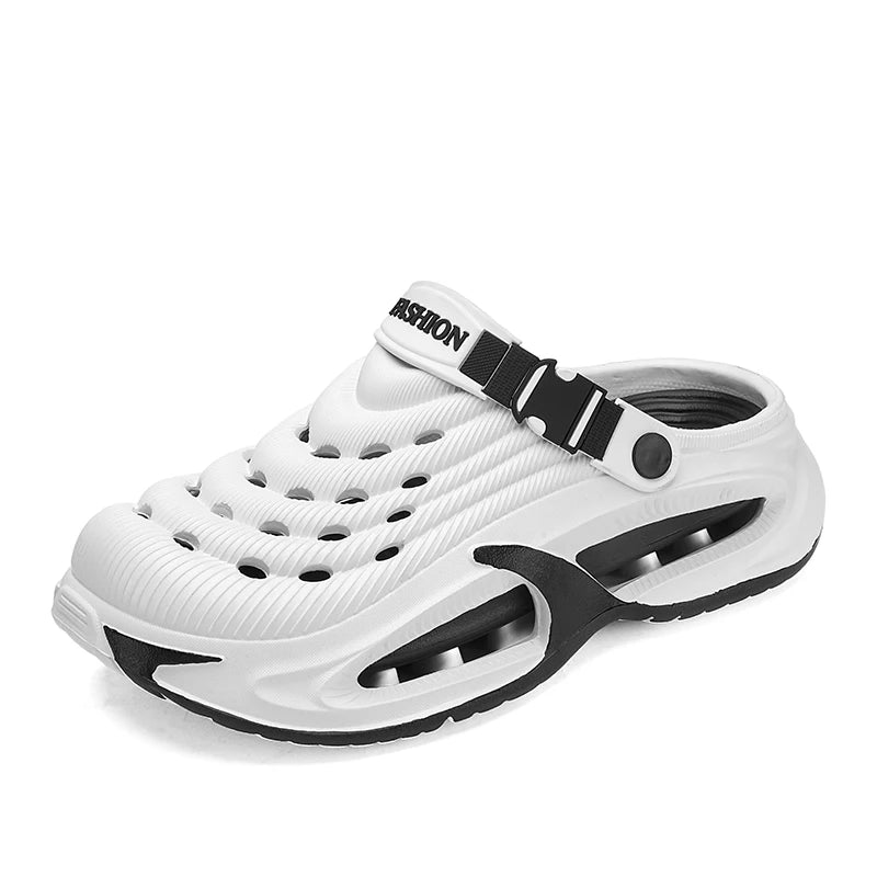Men's EVA clogs with a closed toe, vent holes on top, buckled heel strap and thick sole - white/black