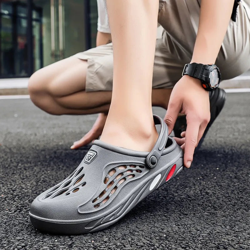 Men's EVA clogs with flame-shaped cut-outs in the toe and pivoting heel strap