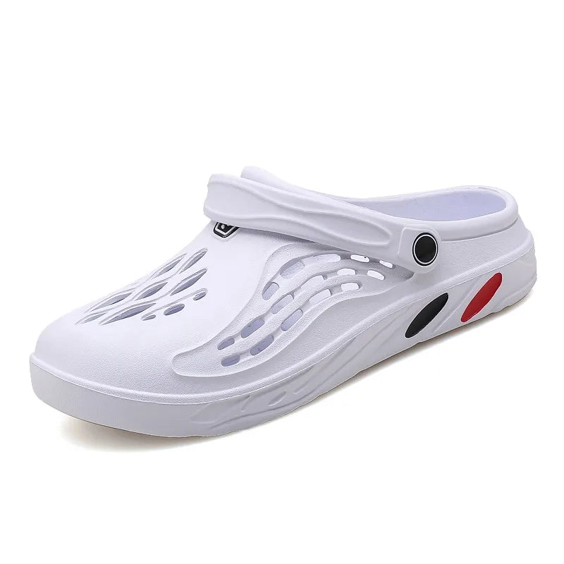 Men's EVA clogs with flame-shaped cut-outs in the toe and pivoting heel strap - white