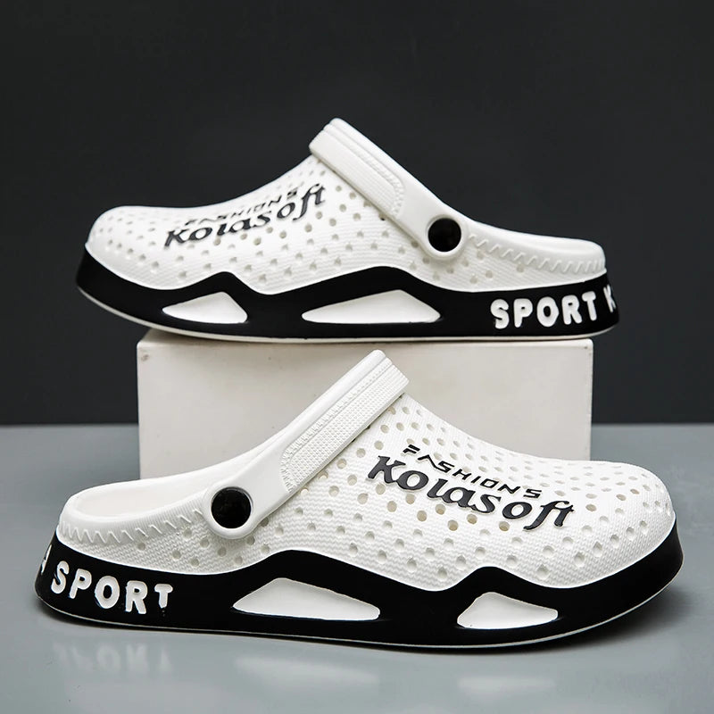 Men's EVA clogs with vent holes in the toe, a heel strap and a two-tone sole - white