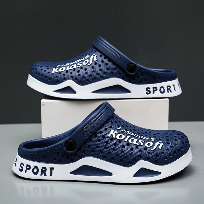 Men's EVA clogs with vent holes in the toe, a heel strap and a two-tone sole - navy