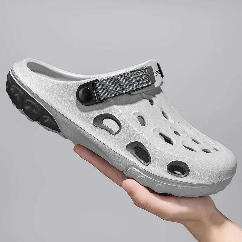 Men's EVA clogs with vent holes in the toe, thick two-tone sole and hook-and-loop heel strap