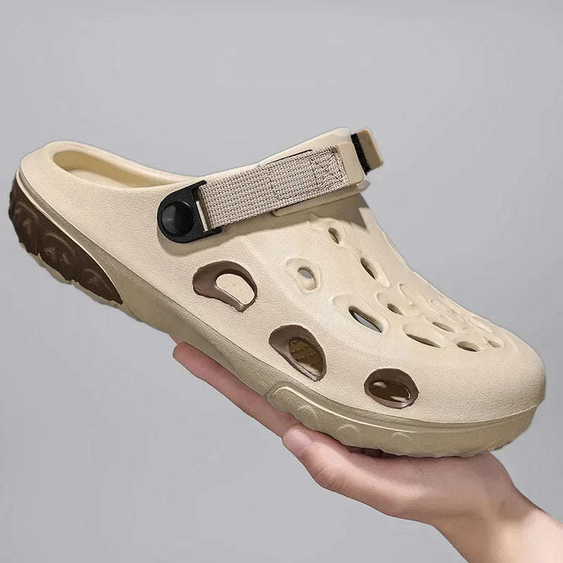 Men's EVA clogs with vent holes in the toe, thick two-tone sole and hook-and-loop heel strap - beige