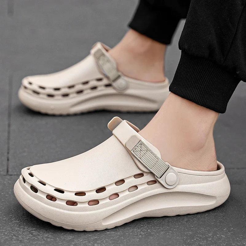 Men's EVA clogs with vent holes along the sides, a pivoting heel strap and a thick sole - beige