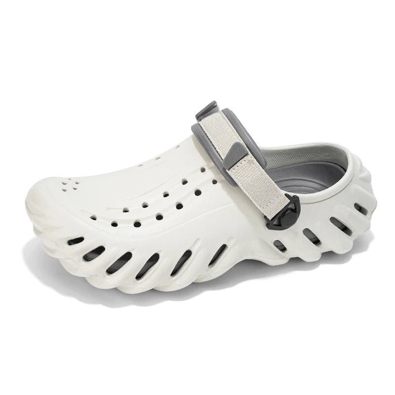 Men's EVA clogs with a ridged sole, vent holes on top and an adjustable heel strap - white