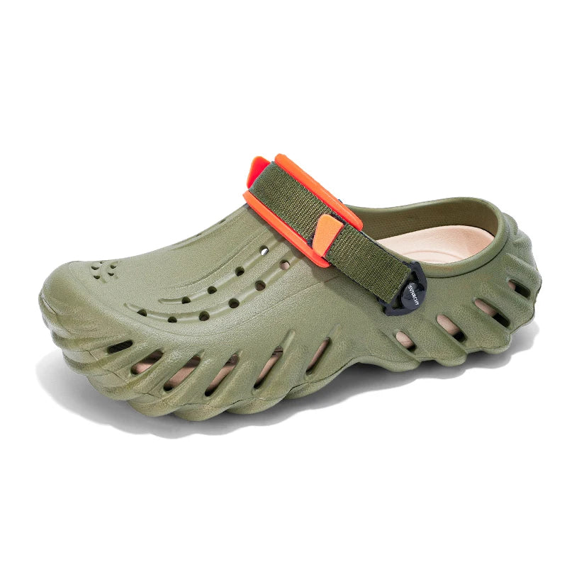 Men's EVA clogs with a ridged sole, vent holes on top and an adjustable heel strap - green