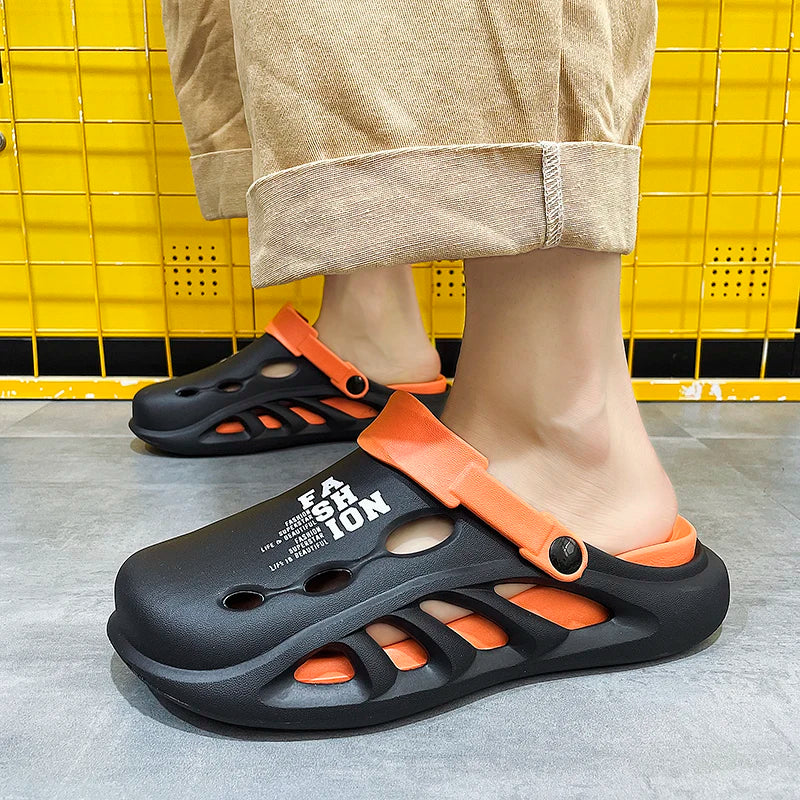 Men's EVA clogs with thick sole, side cut-outs and contrast heel strap - view 6