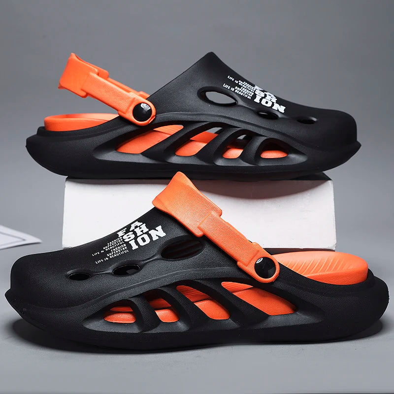 Men's EVA clogs with thick sole, side cut-outs and contrast heel strap - black/orange
