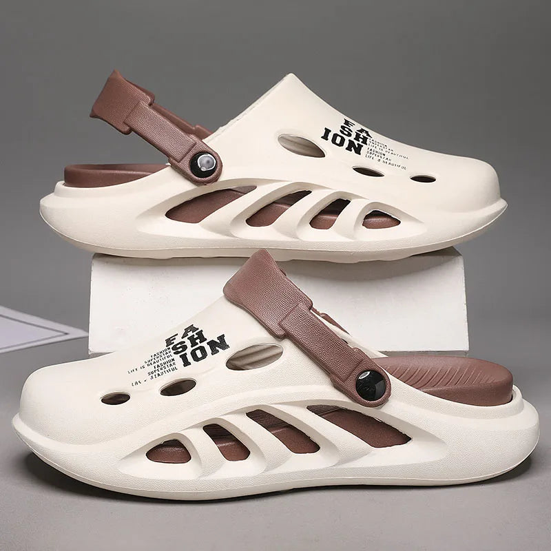 Men's EVA clogs with thick sole, side cut-outs and contrast heel strap - beige/brown