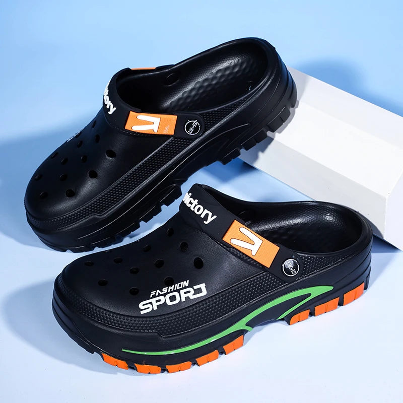 Men's EVA clogs with vent holes in the toe, heel strap and thick two-tone sole - black
