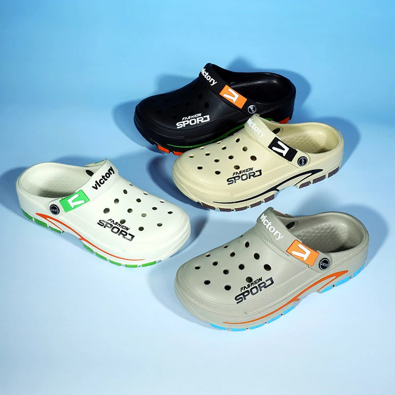 Men's EVA clogs with vent holes in the toe, heel strap and thick two-tone sole - view 5