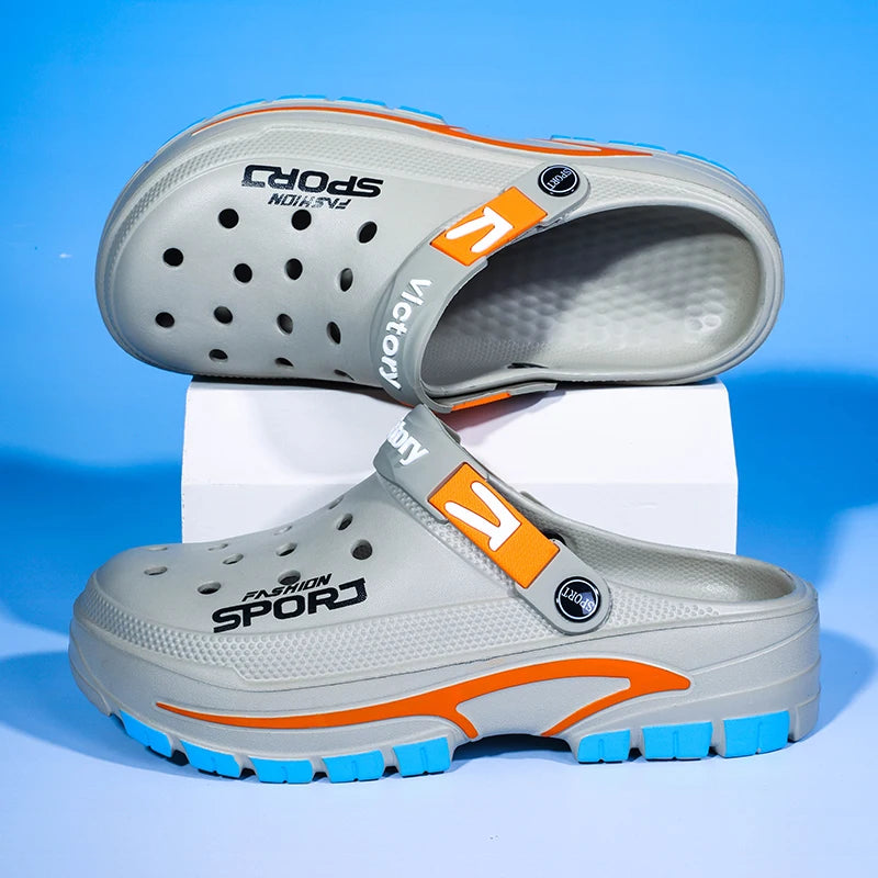 Men's EVA clogs with vent holes in the toe, heel strap and thick two-tone sole - view 6