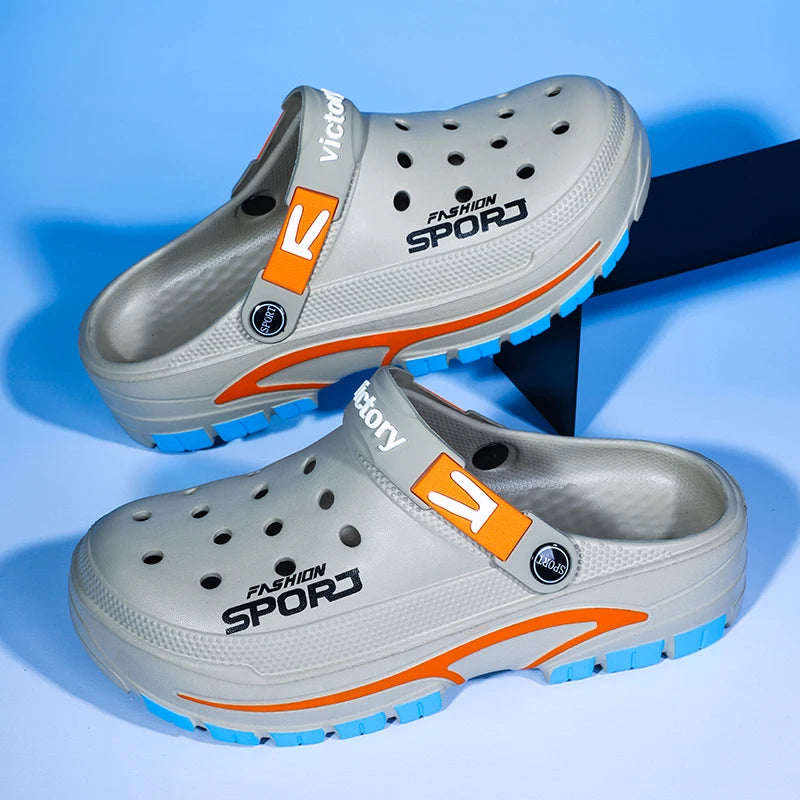 Men's EVA clogs with vent holes in the toe, heel strap and thick two-tone sole - view 7
