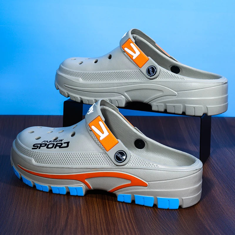 Men's EVA clogs with vent holes in the toe, heel strap and thick two-tone sole - view 9