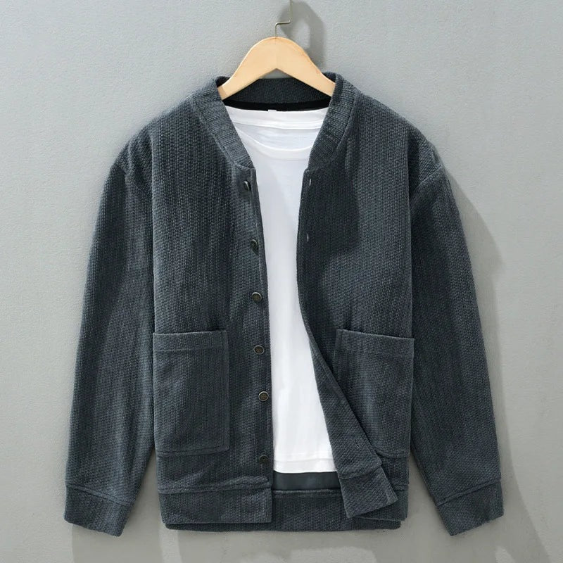 Men's collarless corduroy jacket with a button front and patch pockets - blue grey